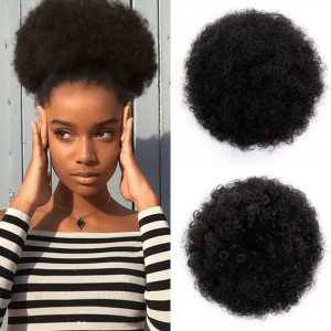 AISI QUEENS Short Afro Synthetic Curly Hair Ponytail African American Kinky Curly Wrap Drawstring Puff Ponytail Hair Extensions Wig with 2 Clips(Large 1B#)