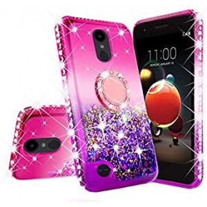 LG Rebel 4 LTE Case,LG Aristo 3 Case,LG Zone 4 Case, LG Phoenix 4 Case,LG Risio 3/Aristo 2 Plus Case,Cute Ring Liquid Glitter Phone Case Cover Kickstand Bling Diamond for Girls Women (Hot Pink/Purple)