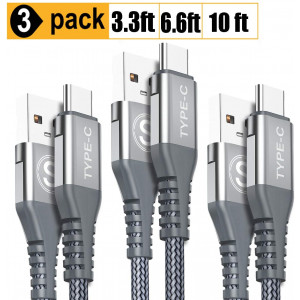 USB Type C Cable 3.1A Fast Charging,Sweguard 3-Pack (10ft+6.6ft+3.3ft) USB-A to USB-C Charger Cable,Nylon Braided Cord for Samsung Galaxy S10 S10E S9 S8 Plus Note 10 9 8,LG G8 G7 V40 V30,Moto Z(Grey)