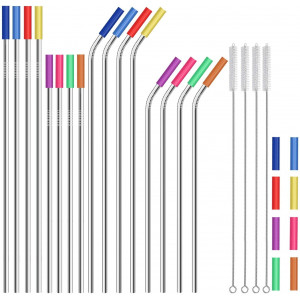 Stainless Steel Straws,Set of 16 10.5" 8.5" Reusable Metal Straws,Straws Drinking Reusable for 20 24 30 oz Yeti Tervis Rtic Tumbler,Extra Long Metal Straws with 24 Silicone Tips,4 Cleaning Brushes
