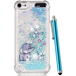 CAIYUNL for iPod Touch 6 Case,iPod Touch 5 Case Glitter, Liquid Sparkle Bling Quicksand Clear TPU Protective Cute Kids Girls Cover for Apple iPod Touch 6th Generation/iPod Touch 5th Gen -Blue Elephant