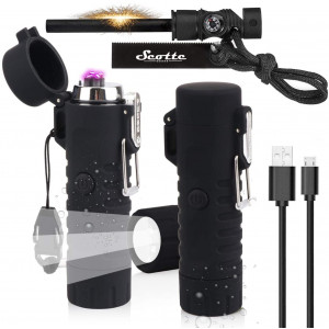 Scotte Plasma Windproof arc Lighter Electric Lighter and LED Flashlight - 2 in 1 (Black)/5-in-1 Magnesium Fire Starter for Emergency Survival Kits, Camping, Hiking, All-Weather Magnesium Ferro Rod