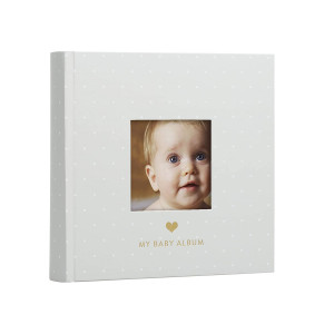 Pearhead Baby Photo Album, Gray/White Polka Dots