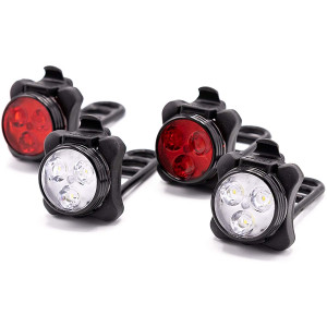 HOOOT 2 Sets USB Rechargeable LED Bike Light, 2 Super Bright Front Bicycle Headlight 2 Back Rear Taillight IPX4 Water Resistant 4 Light Mode Options; 6 straps 4 USB Cables| Get Ultimate Safety and Style