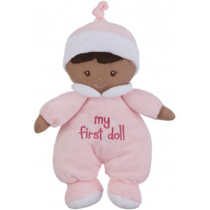 Ganz My First Doll Dollies Soft Plush Girl with Dark Complexion and Black Hair Pink Outfit, Hat. She Rattles!