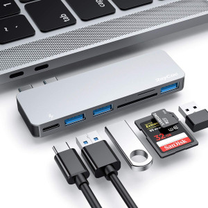 USB C Hub, 6 in 1 Aluminum Type C Hub Adapter, MacBook Pro Accessories with 3 USB 3.0 Ports, TF/SD Card Reader, USB-C Power Delivery for MacBook Pro 13 and 15 2016/2017/2018, MacBook Air 2018 2019