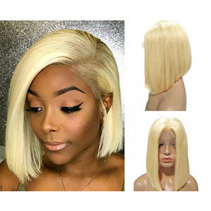 Blonde Lace Bob Wig Glueless Straight 8inch PrePlucked Virgin Human Hair 180% Density Peruvian 13x4 Lace Frontal Short Cut Bob Style Middle Part for Women(Could be restyle)
