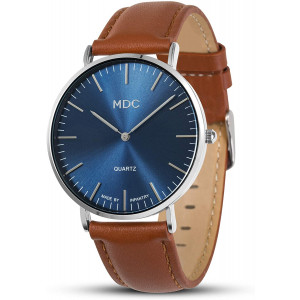 MDC Mens Brown Genuine Leather Watch Ultra Thin Minimalist Wrist Watches for Men Dress Formal Casual Deep Blue