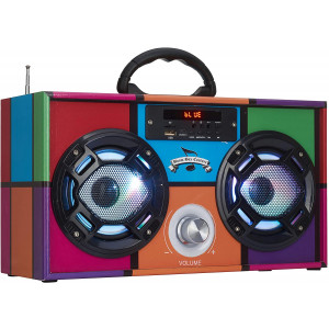 Wireless Express - Mini Boombox with LED Speakers  Retro Bluetooth Speaker w/Enhanced FM Radio - Perfect for Home and Outdoor (Retro Multi)