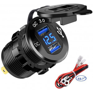 Quick Charge 3.0 Dual USB Car Charger Socket 12V/24V 36W QC3.0 Dual USB Fast Charger Aluminum Socket Power Outlet with LED Voltmeter for Marine, Boat, Motorcycle, Truck, Golf Cart