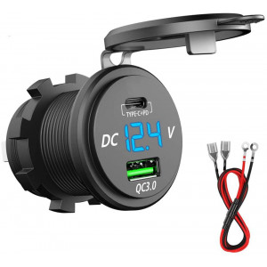 PD Type C USB Car Charger Socket and QC 3.0 Quick Charger 12V/24V Car Power Outlet Waterproof Socket 64W Dual USB Charger Socket Power Delivery 36W for Motorcycle Marine Boat RV ATV (Type C+ QC3.0(G))