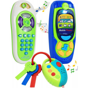 Click N' Play Pretend Play Cell Phone TV Remote and Car Key Accessory Playset for Kids with Lights Music and Sounds (Set of 3)