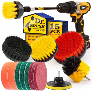 Holikme 15Piece Drill Brush Attachments Set, Scrub Pads and Sponge,Buffing PadsPower Scrubber Brush with Extend Long AttachmentCar Polishing Pad Kit