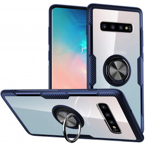 Galaxy S10 Plus Case,SQMCase Crystal Clear Carbon Fiber Design Armor Protective Case with 360 Degree Rotation Finger Ring Grip Holder Kickstand [Work with Magnetic Car Mount] for Galaxy S10 Plus,Blue