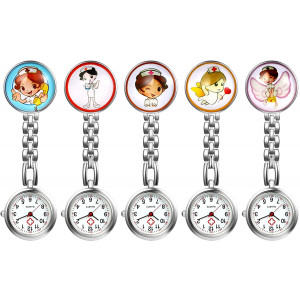 AVANER Nurse Watches Cute Cartoon Design Clip-on Fob Watches Analog Quartz Hanging Lapel Watches for Women (5 Pcs)