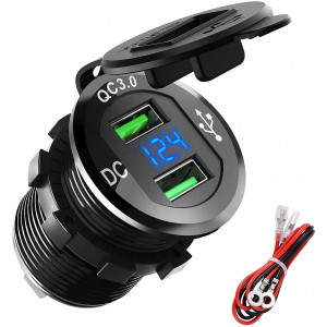 Quick Charge 3.0 USB Charger Socket, ADSDIA 12V/24V 36W Aluminum Waterproof Dual QC3.0 Car Charger Power Adapter Outlet with LED Display for Car Boat Marine Motorcycle Scooter RV Golf Cart DIY Kit