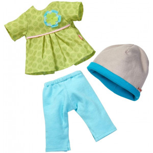 HABA 3 Piece Dress Set Meadow Enchantment - Green Top with Blue Pants and Matching Hat - Fits 12-13.5" HABA Soft Dolls