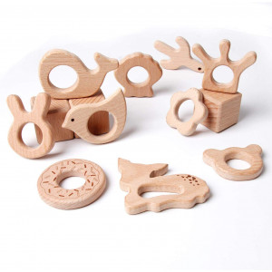 Baby Natural Wooden Teether Toy Wood Pendant Animals Bulk Safe and Satisfying Toy, Bunny Whale Bird Bear Crown Shell Flower Cactus Doughnut Deer