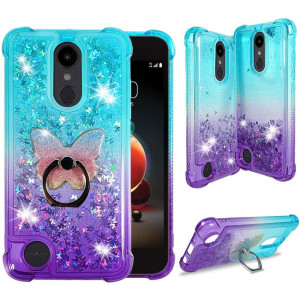 LG Stylo 3 Case, LG Stylo 3 Plus Protective Clear Liquid Waterfall Case [Liquid Quicksand Glitter Sparkly Bling] Soft Shockproof TPU Cover [Phone Ring Holder] by ZASE (Gradient Aqua Purple)