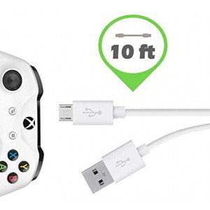 IENZA Replacement Long (10-Ft) USB Charge Cable Wire for Xbox One and Playstation PS4 Wireless Controller (White)