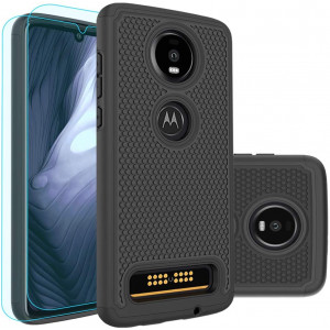 Moto Z4 Play Case,Moto Z4 Case with HD Screen Protector [2 Pack] Huness Durable Armor and Resilient Shock Absorption Case Cover for Motorola Moto Z4 Play Phone (Black)