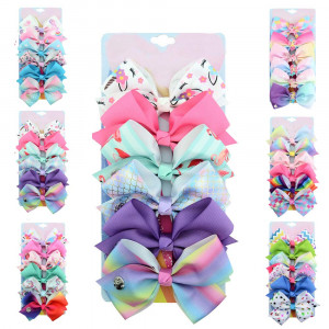 [6-Pack] 5 Inch Cute Mermaid Unicorn Rainbow Colorful Hair Bows Clip Accessories for Toddlers Girls (Rainbow-B Series)
