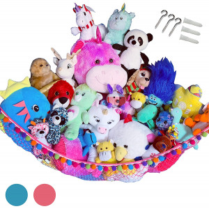 HOME4 Plush Animal Teddy Bear Hanging Storage Toys Hammock Net With Fun Poms Poms - Organize Small, Large, Giant Stuffed Toys Balls Great Gift for Boys, Girls Instead of Bins Chest - Pink