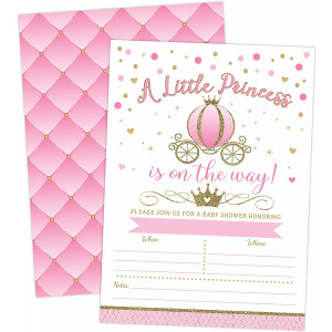 Princess Baby Shower Invitation, Royal Pink and Gold Carriage Baby Sprinkle, 20 Fill in Invitations and Envelopes