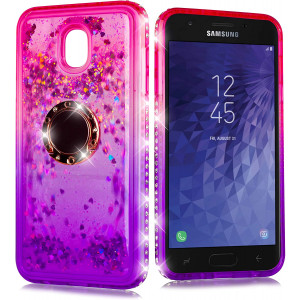 Designed for Galaxy J7 Refine/J7 2018/J7 Star/J7 Top/J7 Aura Glitter Cute Case Girls with Kickstand, Bling Diamond Rhinestone Ring Stand Sparkly Luxury [Tempered Glass] (Pink)
