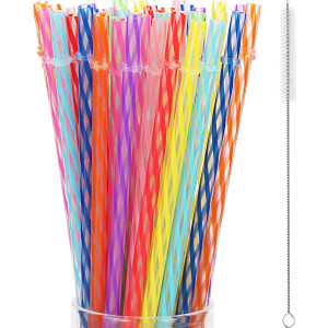 50 Pieces Reusable Drinking Straw Thick Plastic Straws with Cleaning Brush Straw Cleaner (11 Inch, Multi Color 2)