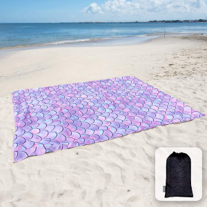 Sunlit Silky Soft Sand Proof Beach Blanket Sand Proof Mat with Corner Pockets and Mesh Bag for Beach Party, Travel, Camping and Outdoor Music Festival,Purple Mermaid Scale