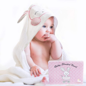 FOREVERPURE Baby Hooded Towel 100% Organic Bamboo Cotton, Super Absorbent, Unique Design for Baby Girl and Toddler. Ultra Soft, White, X-Large, 35 x 35 inches. Perfect with Washcloth