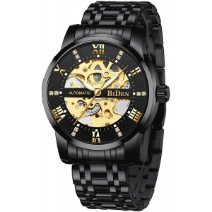 Delicate Skeleton Mechanical Watches for Men Automatic Slef-Wind Wrist Watch Luxury Stainless Steel Watch, Luminous Dial, 30M Waterproof