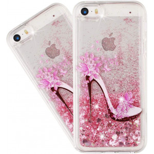 HMTECHUS iPhone 5S Case for Girl Glitter Liquid Sparkle Floating Shiny Quicksand Clear Soft TPU Silicone Shockproof Protective Bumper Thin Cover Skin for iPhone 5 / 5S Bling High Heels XY