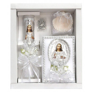 Lito White Jesus Baptism Candle Set Kit for Christenings with Shell and Favors - Spanish