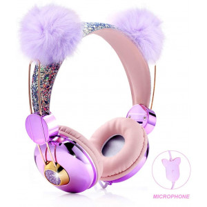 Kids Headphones Glitter Bear Ear Volume Limiting Adjustable Cute Anime Wired Headphones for Girls Boys School (Purple-Bear Ear)