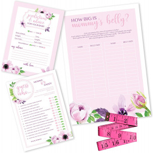 Baby Shower Games Pink Floral Set, 2 Games 30 Sheets Each 5x7 Inches, Tummy Measure Game with Tape Measure, Fun to Play, Baby Predictions Advice, Guess Who Mommy or Daddy and How Big is Mommy's Belly