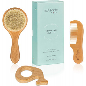 Natemia Wooden Baby Hair Brush and Teether Set for Newborns and Toddlers - Ideal for Cradle Cap