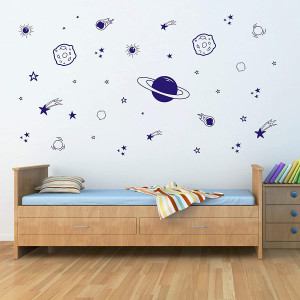 Planet Wall Decal, Boys Room Decor, Outer Space Wall Decals, Star Wall Stickers, Vinyl Wall Decals for Children Baby Kids Boys Bedroom, Nursery Decor Y04 (Blue)