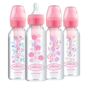 Dr. Brown's Options+ Baby Bottles, 8 oz/250ml, Narrow Bottle, Pink Floral Designs, 4 Pack