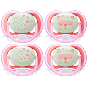 Philips AVENT Ultra Air Nighttime 6-18 Months Pacifier, SCF376/44, Pink, (Pack of 4)