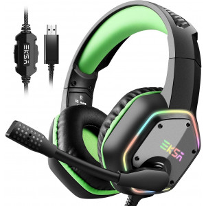 EKSA 7.1 USB Gaming Headset - Surround Stereo Sound - PS4 Headphones with Noise Canceling Mic and RGB Light Over Ear Headphones, Compatible with PC, PS4 Console, Laptop (Green)