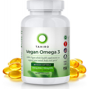 Vegan Omega 3 Supplement  with 300mg Algae Based DHA, 150mg EPA  60 Sustainable Softgels for Heart, Immune and Brain Health Support in Pregnancies, Women, Men, Children by TAHIRO