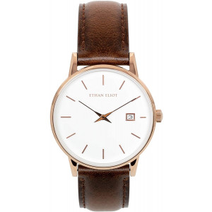 Ethan Eliot Classic Women's Watch, Savannah 36mm Rose Gold Watch for Women with Date, Stainless Steel Rose Gold Case, White Face and Genuine Leather Band, 5ATM Water Resistant Watches