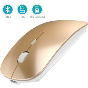 Bluetooth Wireless Mouse, Dual Mode Slim Rechargeable Wireless Mouse Silent Cordless Mouse with Bluetooth 4.0 and 2.4G Wireless, Compatible with Laptop, PC, Windows Mac Android OS Tablet (Glod)