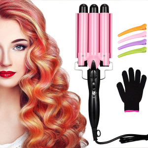 3 Barrel Curling Iron Wand Three Barrel Hair Waver Iron Hair Crimper Barrels with 4 Pieces Hair Clips and Heat Resistant Glove, Curling Waver Iron Heating Styling Tools (Pink)