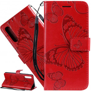 ISADENSER Galaxy A10E Wallet Case Galaxy A10E Butterfly Case [Business Embossing] [Kickstand Flip] [Card Slot] [Magnetic Clasp] Flip Case for Samsung Galaxy A10E Red Butterfly KT