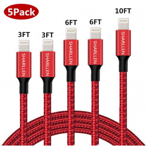 iPhone Charger Cable, 3/3/6/6/10FT SHARLLEN Nylon Braided Lightning Cord Durable USB Fast ChargingandSyncing Long iPhone Charging Cable Compatible iPhone XS/Max/XR/X/8/8P/7/7P/6/6P/6S/iPad 5Pack(Red)