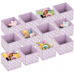 mDesign Soft Fabric Polka Dot Dresser Drawer and Closet Storage Organizer, Bin for Child/Kids Room, Nursery, Playroom, Bedroom, 12 Pack - Light Purple/White