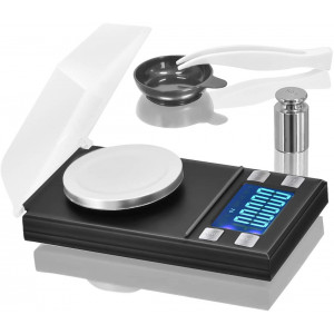 Digital Milligram Pocket Scale 50 x 0.001g, Mini Jewelry Gold Lab Carat Powder Weigh Scales with Calibration Weights Tweezers, Weighing Pans, LCD Display
